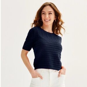 Draper James Navy Pointelle Short-Sleeve Knit Top Size S